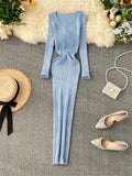 Yipinpay Women Autumn Knitted Dress V Neck Sexy Slim Elastic Oversized Basic Bodycon Long Dress Winter knit Warm Sweater Dresses