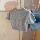 Yipinpay Cartoon Sweaters Jumper Sueter Mujer Y2k Top Slim Crop Puff Short Sleeve Sweater Femme Women Knitted Shirt Pull T-shirts