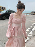 Yipinpay Summer Woman French Elegant Lace Midi Dress Party Long Sleeve Korean Fashion Dress Beach Chiffon Fairy Slim Dress Chic