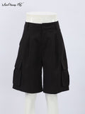 Yipinpay High Waisted Cargo Shorts Women Double Pocket Pleated 2023 Summer Casual Shorts Solid Straight Lady Pink Wide Shorts