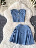 Yipinpay Summer Fashion Denim Two Pieces Suits Strapless Sexy Top+ Short A Line Skirt Streetwear Hotsweet Vintage Beach Sets