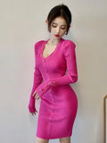 Yipinpay Women Dresses 2023 Lady Fashion Sexy V Long Sleeve Single-breasted Women Knitted Dress Bodycon Knee Wild Vestido Mujer Robe