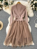 Yipinpay Autumn Solid Knitted Long Dress Women Warm Vest+Long Sleeves Mesh Patchwork Thick Sweater Dress Two Pieces Suits