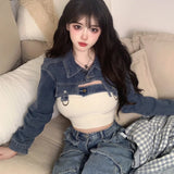 Yipinpay Korean Chic Inner Short Tube Top Vintage Sweet Spicy Jeans Long Sleeve Short Coat Trendy Two Piece Set Women Outfits