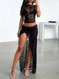 Yipinpay Sexy Womens Summer Skirt 2Pcs Suit Sheer Jacquard Cap Sleeve Cropped Tops + Low Waist High Slit Long Skirt Hot S M L