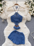 Yipinpay Bohemian Knit Two Pieces Suits Women Lace Up Halter Tassel Backless Tops+Hook Flower Hollow Out Shorts Sexy Beach Sets