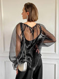 Yipinpay Transparent Organza Blouse Women Party Puff Sleeve Tops Summer See Through Tops Vacation Female Lace-Up Loose Blouse