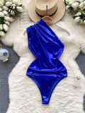Yipinpay One-shouldered PU Leather Bodysuits Women Slim Backless Sexy Bikini+Short Skirt Sets Fashion Solid Beach Playsuits