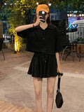 Yipinpay Summer Women's Shorts Sets Polo Lapel Loose Short Sleeve T-Shirt Wide Leg Skirt Shorts 2-piece Set Casual Fashion Preppy