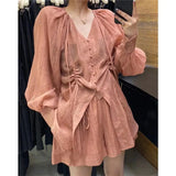 Yipinpay Summer Solid Color Simple Shirts Shorts Set Lantern Sleeve Round Neck Tie-up Blouse Trouser Women Two Piece Casual Suit