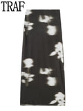 Yipinpay Printed Tulle Skirt Woman High Waist Mesh Skirt Sets Elegant Long Skirts For Women Fashion 2023 Autumn Winter Skirts