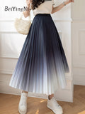 yipinpay Korean High Waist Pleated Skirt Woman Gradient Chic Slim Summer A-line Skirts Girls New Fashion Pink Long Midi Faldas