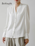 yipinpay Elegant Luxury White Shirts Women Plain Buttons French Loose Casual Loose Tops Female Blouses V-neck Korean Blusas