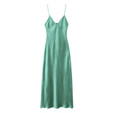 Yipinpay New Women Green Satin Midi Spaghetti Strap Sexy Dresses Chic Backless V Neck Female Party Vestidos