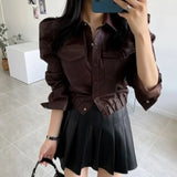 Yipinpay Faux Leather Coat Crop Lapel Double Pocket Leather Jacket 2023 Fall Mini Khaki Skirts Winter Wild Casual