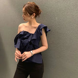 Yipinpay Shoulder Blouses Sexy Temperament Irregular Off Shoulder Shirt Women Black Blusas Mujer Summer Ruffle Crop Tops Y2k Shirts