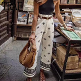 Yipinpay Embroidery High Waist Pants For Women Green Wide Leg Pants Women Summer Vintage Baggy Pants Woman Boho Women's Trousers 0406