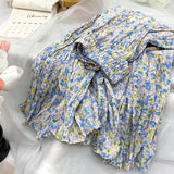 Yipinpay Korean Fashion Midi Skirt Women Vintage Floral Print High Waist Pleated Skirts 2023 Spring Summer Chic A-line Faldas