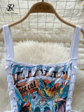 Yipinpay Hotsweet Graffiti Crop Tops Strap Backless Lace Up 2024 American Streetwear Slim Fit Bodycon Cartoon Y2k Mini Camis