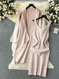 Yipinpay Autumn Thick Warm Knitted Suits 2024 Strap Knit Dress+Loose Long Cardigans Sweater Home Wear Casual Two Pieces Sets