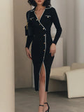 Yipinpay White Patchwork Knit Maxi Dress For Women Slim Lace-Up High Waist Split Elegant Party Dress Fashion Lapel Knitwear Dress