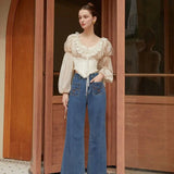 Yipinpay Retro Palace Style Waist Slimming Blouses Women Clothing Spring Temperament Bubble Sleeves Sweet Short Shirt Women Tops