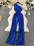 Yipinpay American Retro Sequin Jumpsuit Diagonal Collar Solid Long Wide Legs Pants Romper Elegant Backless Sexy Party Jumpsuits