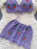 Yipinpay Strawberry Sweet Beach Two Pieces Sets Halter Backless Camis+Short Skirts Fashion Hook Flower Hollow Out Beach Suits