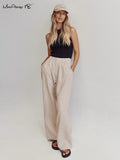 Yipinpay Elegant Khaki High Waist Pants Pleated Cotton Linen Wide Legs Trousers Office Ladies Summer 2023 Floor-Length Pants