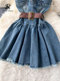 Yipinpay Fashion Streetwear Denim Dress Spaghetti Strap Cross Lace Up Bow Belt Zipper Pleated Women American Vintage Mini Dress