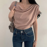 Yipinpay Temperament Off Shoulder Design Versatile Short Sleeve Pile Up Collar Shirt Slash Crop Top Blusas Mujer De Moda 2023 Slim Shirts