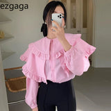 Yipinpay Sweet Pink Shirt Women Loose Long Sleeve Solid Ruffles Lapel Spring New Korean Chic Ladies Tops Elegant Fashion Blouses