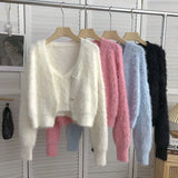 Yipinpay Cashmere Camisole Tops Korean Fashion Fleece Short Pink Cardigan Knitted Coat Pull Sueter White Sweaters for Women 2 Sets
