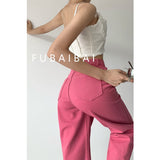 yipinpay Women Bottoms Pink Jeans Vintage Straight High Waist Self Cultivation Casual Baggy Wide Leg Pants Denim Trouser Ladies Summer