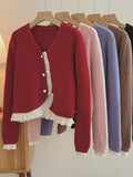 Yipinpay Women's Sweaters 2023 Autumn Gentle Korean Pearl Button Ruffled Patchwork Pink Cropped Cardigan V Long Sleeve Mesh Knitted Coat