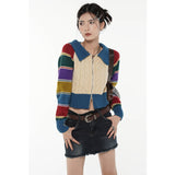 yipinpay Women Green Stripe Short Sweater POLO Collar Color Contrast Fashion Retro Lazy Wind Winter Long Sleeves Knitting Cardigan Coat