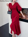 Yipinpay Midi Red Mermaid Dress Women Autumn Korean Sexy V-neck Irregular Sequins Dress Vintage Casual Evening Party Dress 2023