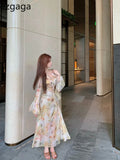 Yipinpay Vintage Dresses Women Temperament French Style Floral Printed Fashion V Neck Bandage Flare Long Sleeve Elegant Dress