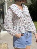 Yipinpay Spring Floral Peter Pan Doll Collar Shirts Women 2024 Summer Long Sleeve Lace Up Blouse Female Elegant Street Lady Chic Tops
