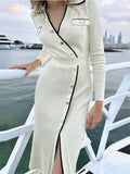 Yipinpay White Patchwork Knit Maxi Dress For Women Slim Lace-Up High Waist Split Elegant Party Dress Fashion Lapel Knitwear Dress