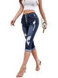 Yipinpay New Women Summer Ripped Mid Waist Jeans Fashion Elastic Slim Calf-Length Denim Pencil Pants Casual Female Clothing S-2XL