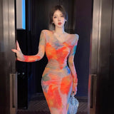 Yipinpay Fashion Sexy Woman Dress Oil Painting Blooming Autumn Winter Slim Elegant Long Sleeve V Neck Vintage Dresses Chic