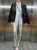 Yipinpay Silver Faux Leather Pants Women High Waist Baggy Pants Female Fashion Y2k Streetwear Casual Wide Pants Woman Trousers