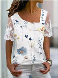 Yipinpay Women's Fashion White Blouses 2024 Summer Lace Short Sleeve Tops T-Shirt Casual Buttons Office T-shirt Shirt Top Femme Clothing