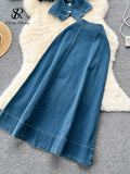 Yipinpay Fashion Denim Suits Cardigan Square Collar Short Sleeves Blouse+High Waist A Line Skirt Women Hotsweet Two Pieces Sets