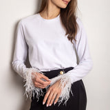 Yipinpay Womens Spring Autumn Casual Tops Solid Color Long Sleeve Feather Patchwork Blouse Soft And Comfortable Daily Wear S M L