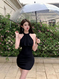 Yipinpay Hot Girl Pure Sexy Halter Neck Dress Women's Ruffled Edge Wrapped Buttocks Slim Fit Short Dress Fashion Female Clothes