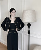 Yipinpay Piece Sets Womens Outifits Small Fragrant Suit Black Tweed Coat Blazer Jacket Wide Leg Pants Sets Winter Vintage Clothing