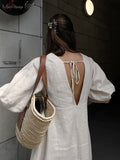 Yipinpay Elegant Beige Women Linen Dress Puff Sleeve Long Backless Button Dress Ladies V-Neck Cotton Dresses Soft Summer 2023