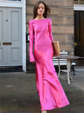 Yipinpay Backless Satin Fashion Maxi Dress For Women Elegant Solid Slim Patchwork Long Sleeve Autumn 2024 Female Gown Long Dress